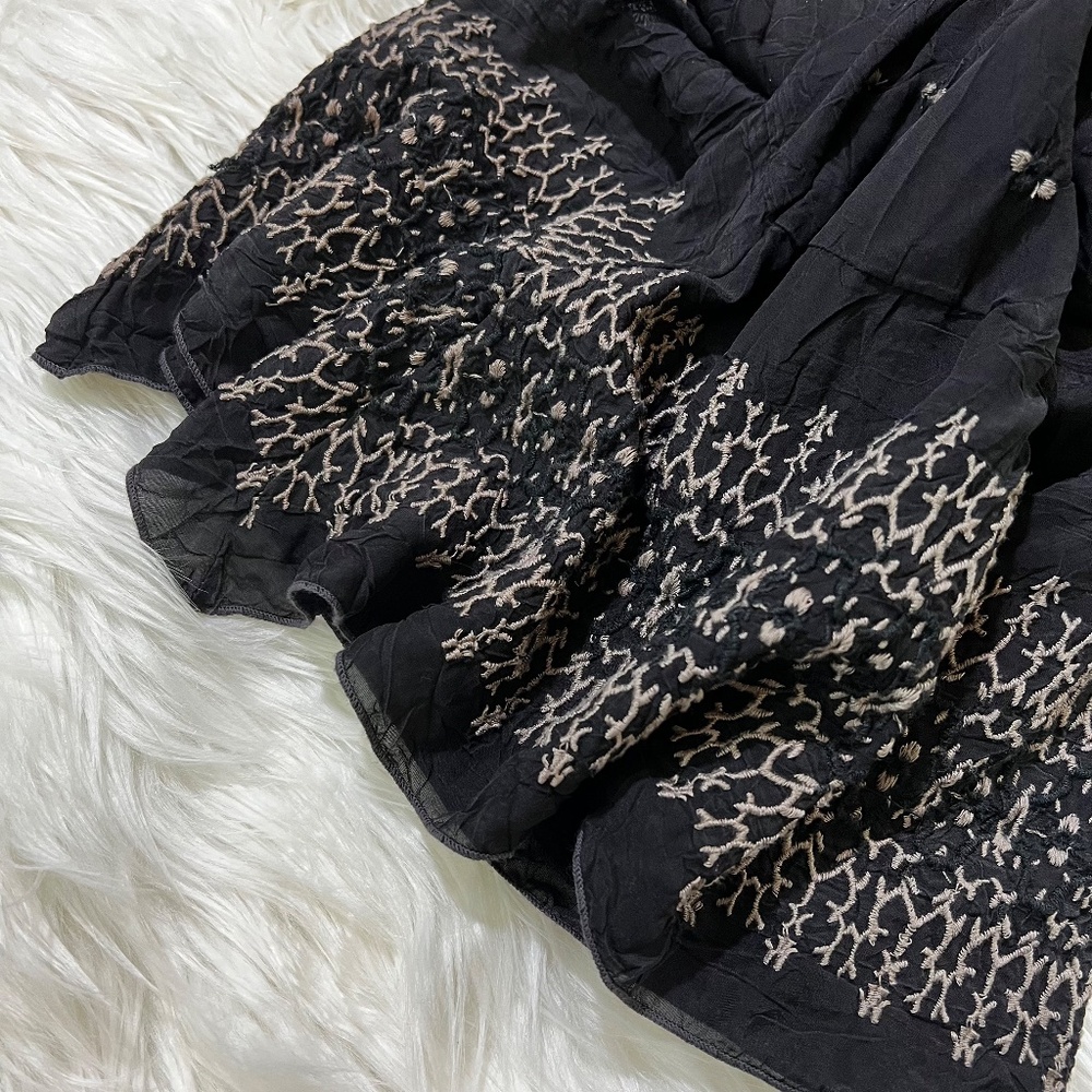 VNTG [Johnny Was] Boho Embroidered Black Midi Dress | Semi Sheer + Gray | Small - Picture 9 of 11